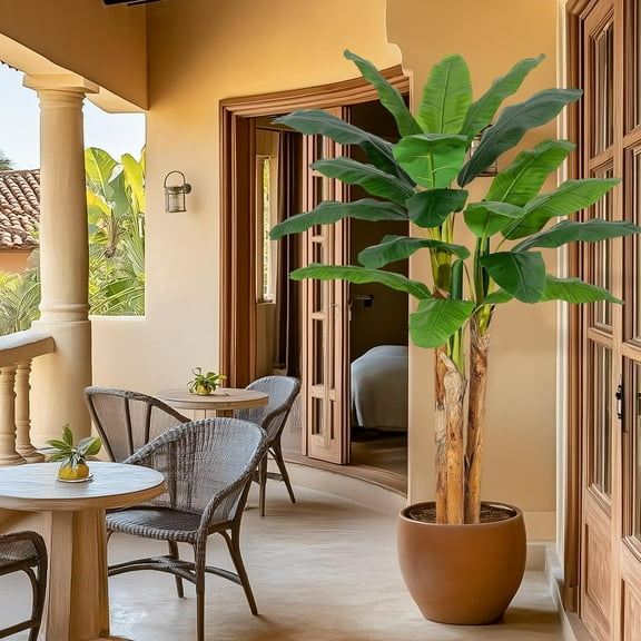 5FT Artificial Banana Tree with Thick Trunk and Realistic Leaves in Weighted Pot for Table and Window Decor