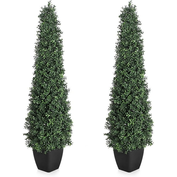5FT Artificial Boxwood Topiary Trees,2Pack Faux Topiaries Tree Potted Boxwood Tree Cone Topiary Artificial Plant Shrub for Front Porch Home Office Decor