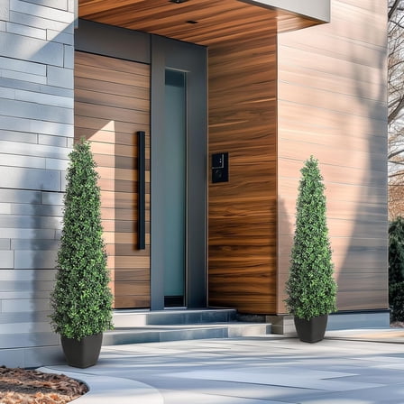 5FT Artificial Boxwood Topiary Trees, Decorative Tree with Black Planter, Faux Shrubs Outdoor, Artificial Plants Outdoor Potted, 2 Pcs