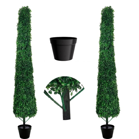 5FT Artificial Boxwood Tower Topiary Trees, Set of 2 UV Resistant Fake Potted Plants, Realistic Two-Tone Boxwood Greenery with Full & Realistic Leaves for Porch, Patio Decor