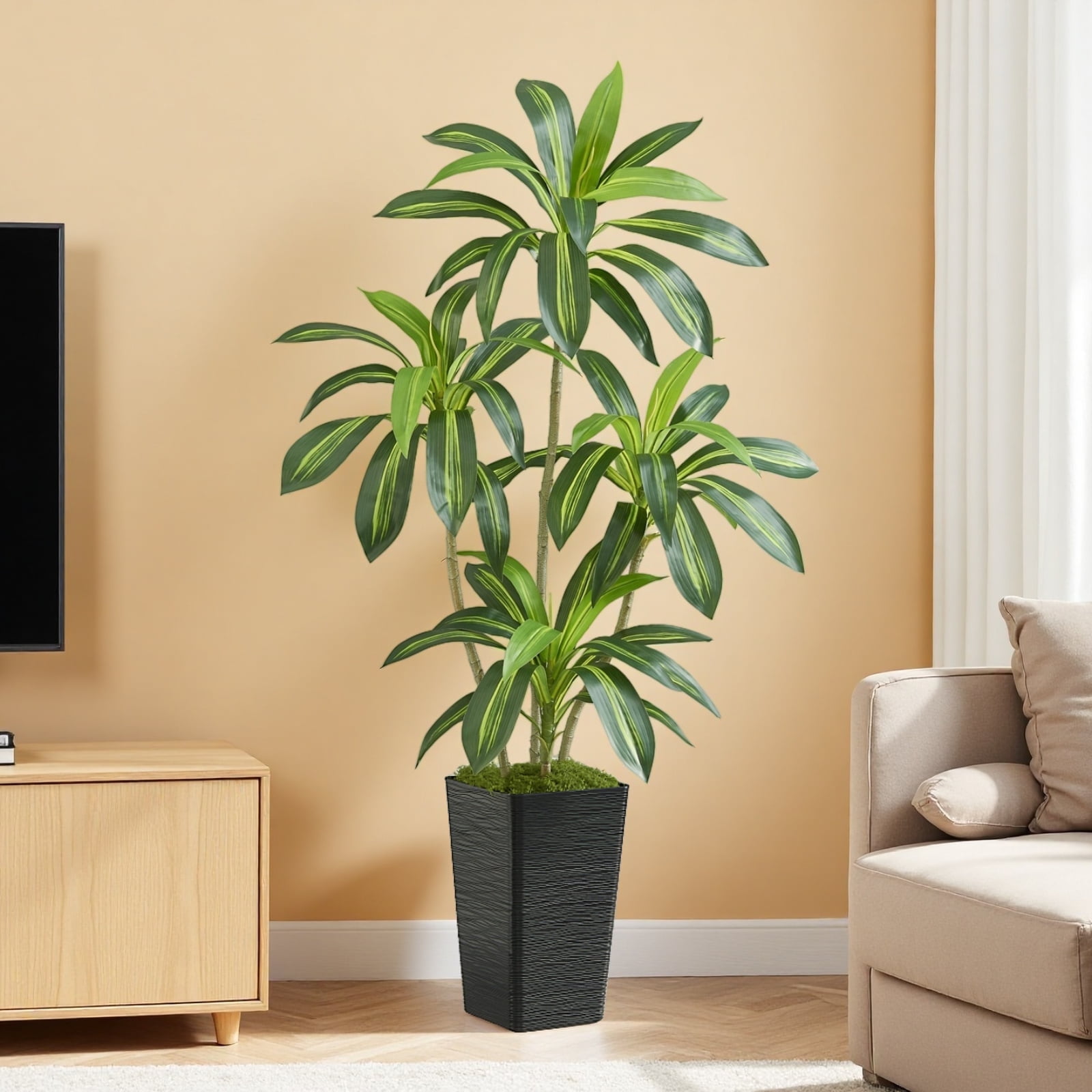 5FT Artificial Dracaena Tree with Black Planter and Fake Moss - Real Touch Potted Fake Plant for Home & Office Decor, Faux Yucca Indoor Floor Tree