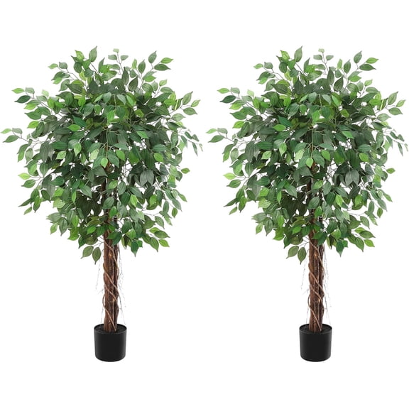 5FT Artificial Ficus Tree 2-Pack 576 Flat Leaves Black Pot Easy Clean for Home Office Indoor/Outdoor Green