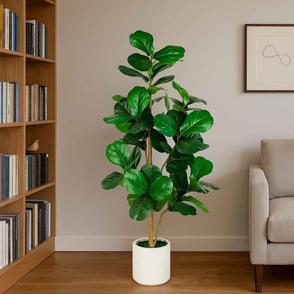 5FT Artificial Fiddle Leaf Fig Tree with White Planter Pot Natural Trunk Realistic Leaves Lifelike Faux Floor Plant For Home House Office Decor Indoor