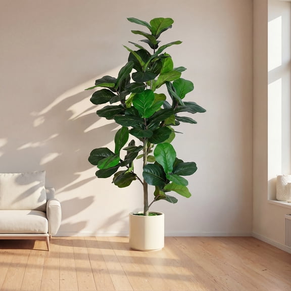 6FT Artificial Fiddle Leaf Fig Tree with White Planter Pot Natural Trunk Realistic Leaves Lifelike Faux Floor Plant For Home House Office Decor Indoor