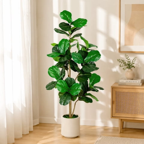 ROMSWI 5FT Artificial Fiddle Leaf Fig Tree with White Planter Pot Natural Trunk Realistic Leaves Lifelike Faux Floor Plant For Home House Office Decor Indoor