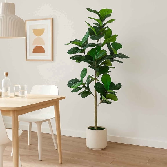 ROMSWI 6FT Artificial Fiddle Leaf Fig Tree with White Planter Pot Natural Trunk Realistic Leaves Lifelike Faux Floor Plant For Home House Office Decor Indoor