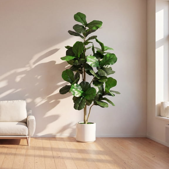 5FT Artificial Fiddle Leaf Fig Tree with White Planter Pot Natural Trunk Realistic Leaves Lifelike Faux Floor Plant For Home House Office Decor Indoor