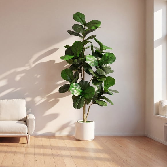5FT Artificial Fiddle Leaf Fig Tree with White Planter Pot Natural Trunk Realistic Leaves Lifelike Faux Floor Plant For Home House Office Decor Indoor