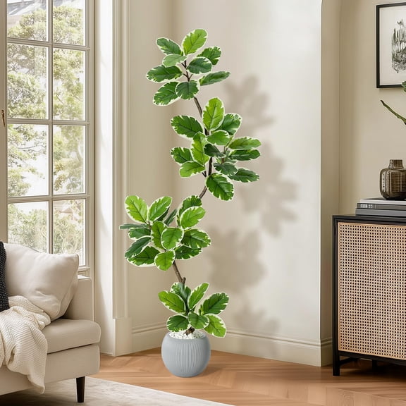 5FT Artificial Fiddle Leaf Fig Tree in White Sphere Planter - Realistic Silk Indoor Plant for Home & Office Decor (Modern Farmhouse, Minimalist Style)