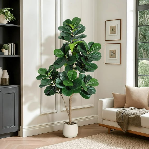 5FT Artificial Fiddle Leaf Fig Tree with 48 Leaves in 7.8" White Planter, Realistic Faux Ficus Lyrata Indoor Plant for Home Office Living Room Decor