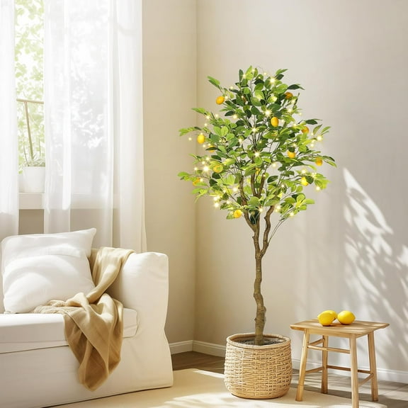 Trilenars 5FT Artificial Lemon Tree, Fake Lemon Plant with Lights, Faux Lemon Tree with Realistic Trunk and Fruits, Suitable for Indoor Home Decoration