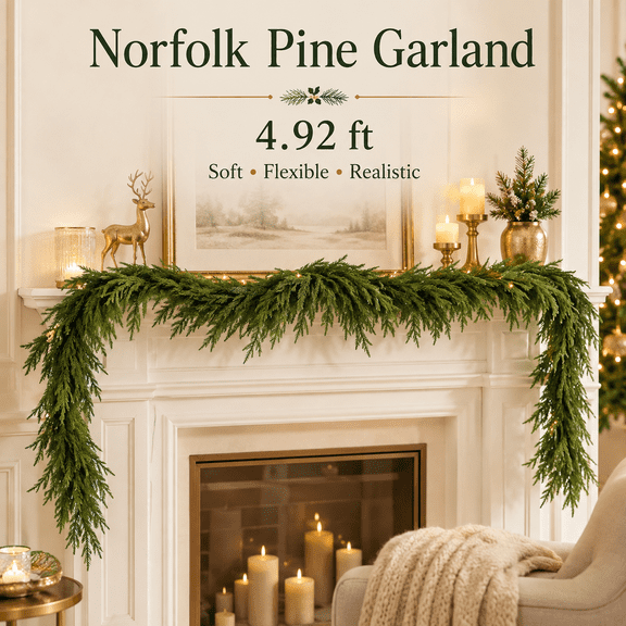 5FT Artificial Norfolk Pine Garlands, Real Touch Winter Pine Garland, Green Artificial Greenery Garland for Table, Mantle, Wall, Outdoor, Indoor Christmas Decorations