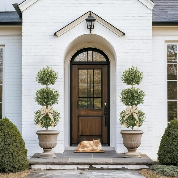 5FT Artificial Olive Triple Ball Topiary Trees with Moss & Inner Pot, Outdoor Indoor Realistic Fake Shrubs Trees, Faux Plants Round Bushes Fake Shrubs Potted for Home Offices Porch Decor Set of 2