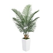5FT Artificial Palm Tree, Fake Tree with White Tall Planter, Faux Tropical Areca Floor Plant in Pot