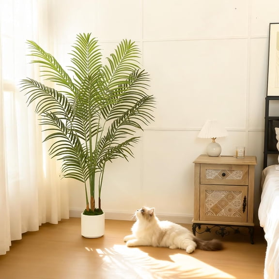 5FT Artificial Palm Tree, Tall Fake Tropical Areca Plant with White Round Planter for Indoor Outdoor Home Decor