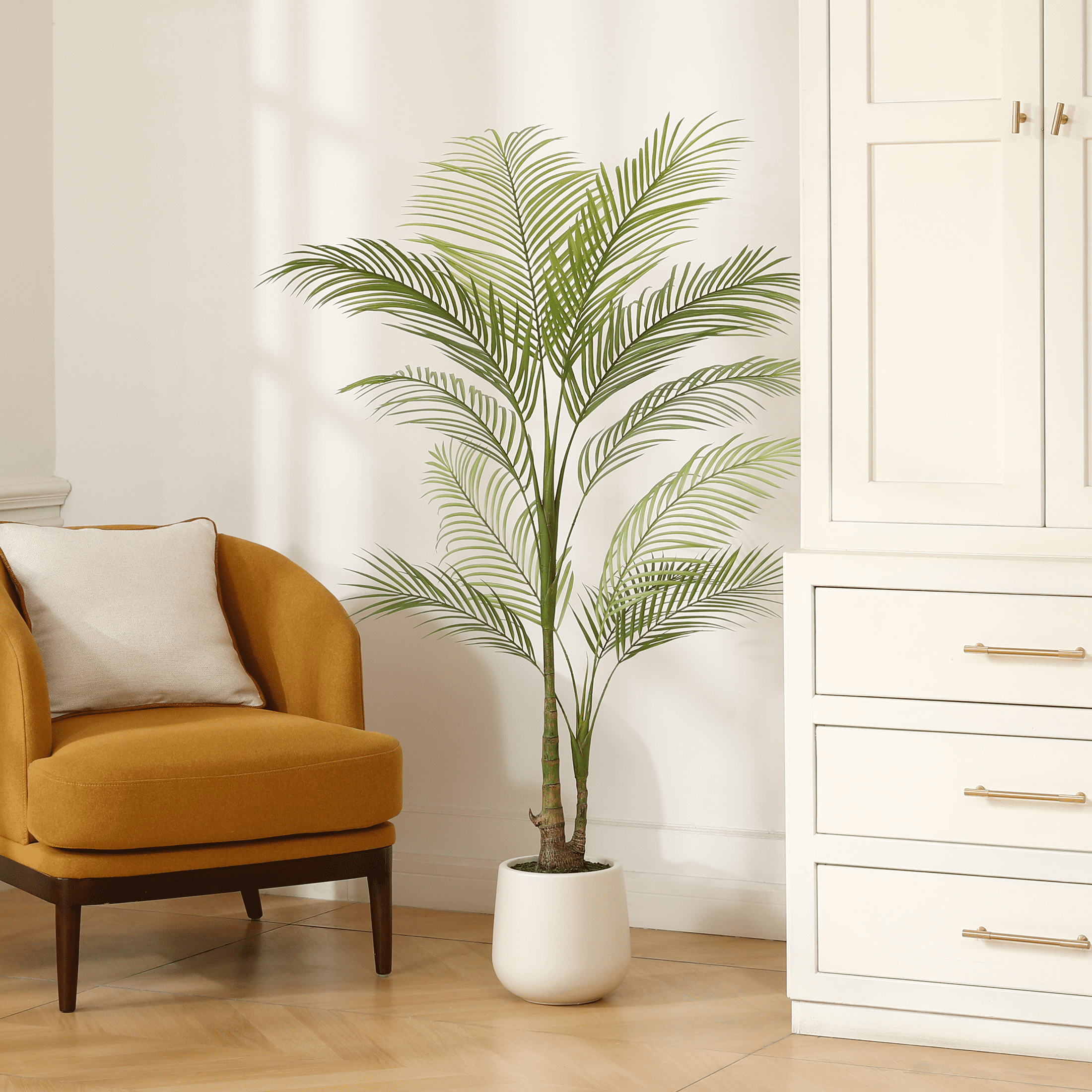 5FT Artificial Palm Tree In White Tall Planter – Fake Silk Areca Plant For Indoor Tropical Decor
