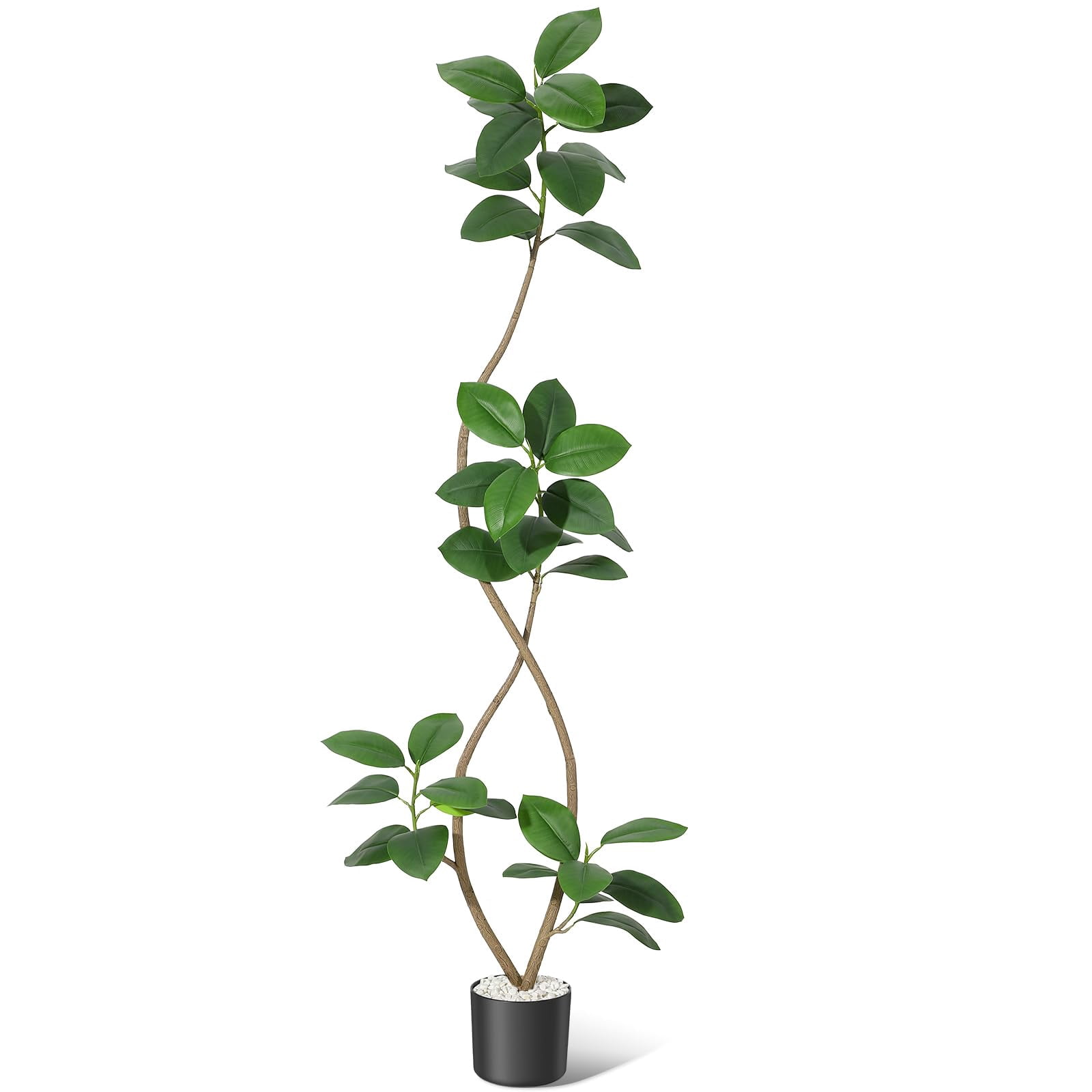 5FT Artificial Plant Rubber Tree with White Sphere Resin Planter & Stone,Faux Plants Indoor Faux Floor Plant Faux Fiddle Leaf Fig Tree Indoor Artificial Tree Tall Plant Fake Tree for Home Decor