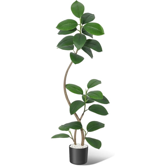 5FT Artificial Plants Rubber Plant with Black Resin Pot& White Stone Faux Fiddle Leaf Fig Plant, Indoor Artificial Plant Tall Plant Fake Plant Tropical Large Floor Plant Real Touch for Home Decor