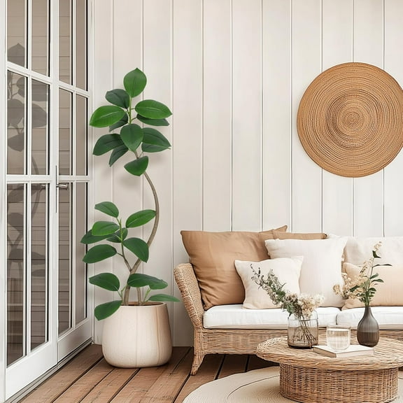 5FT Artificial Plants Rubber Tree with Black Resin Pot& White Stone Faux Fiddle Leaf Fig Tree Indoor Artificial Trees Tall Plant Fake Tree Tropical Large Floor Tree Real Touch for Home Deco