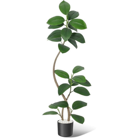 5FT Artificial Plants Rubber Tree with Black Resin Pot& White Stone Faux Fiddle Leaf Fig Tree Indoor Artificial Trees Tall Plant Fake Tree Tropical Large Floor Tree Real Touch for Home Deco Decor Dec