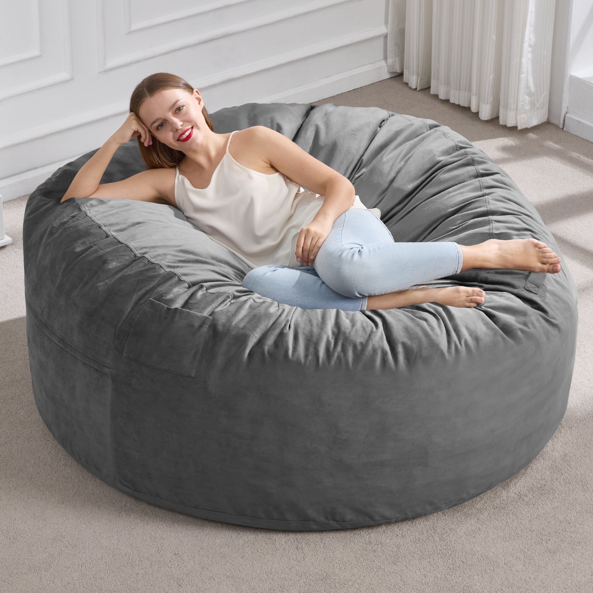 Memory Foam Bean Bag Chair For Adults - Cloud-Like Fabric, Anti-Slip Base, Light Grey Lounge Chair (36.5"L) 2 thumbnail image