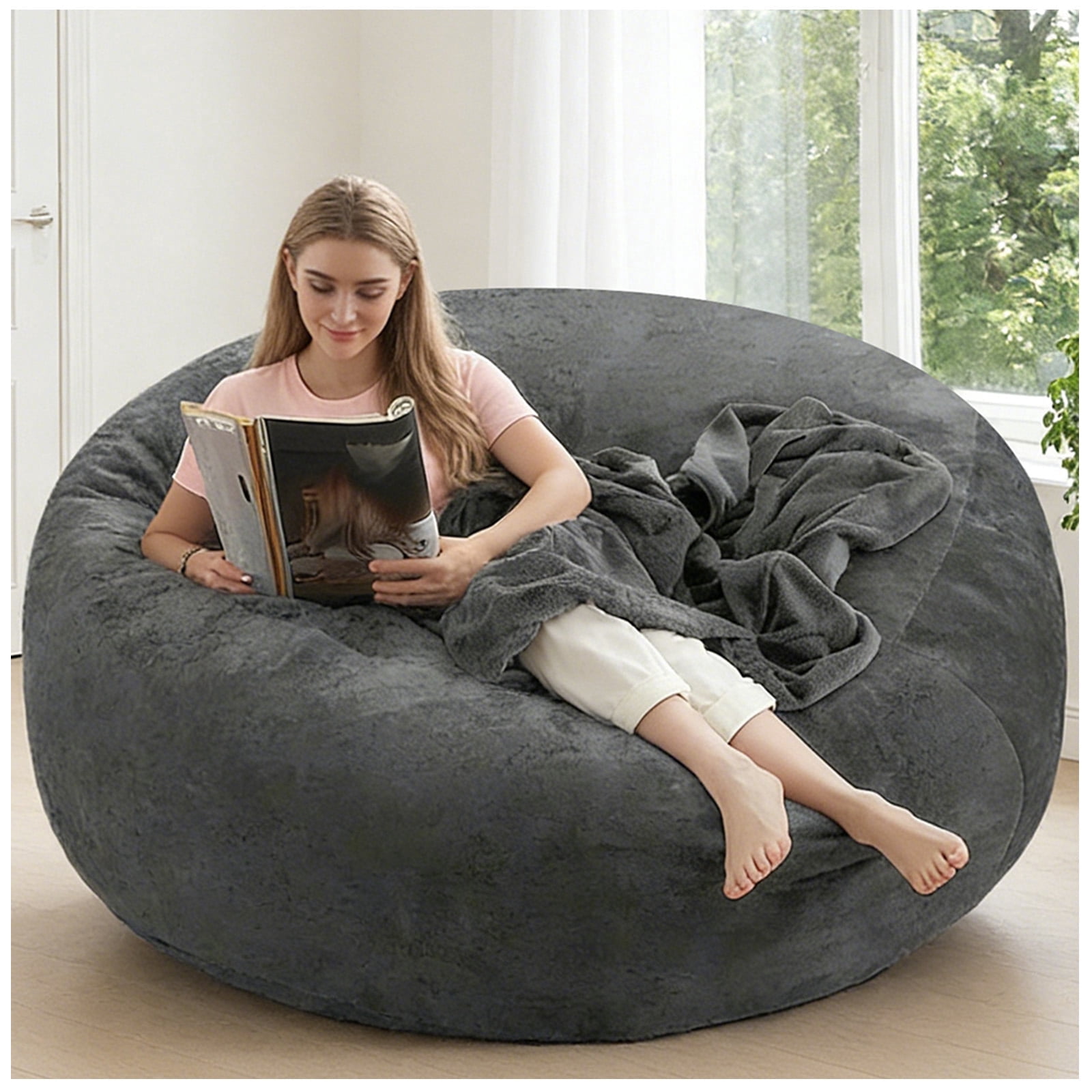 5FT Bean Bag Chair for Adults Teens, Dark Gray high-density foam Filled Soft Sofa, Removable Flannel Cover Round Couch for Living Room Bedroom Dorm