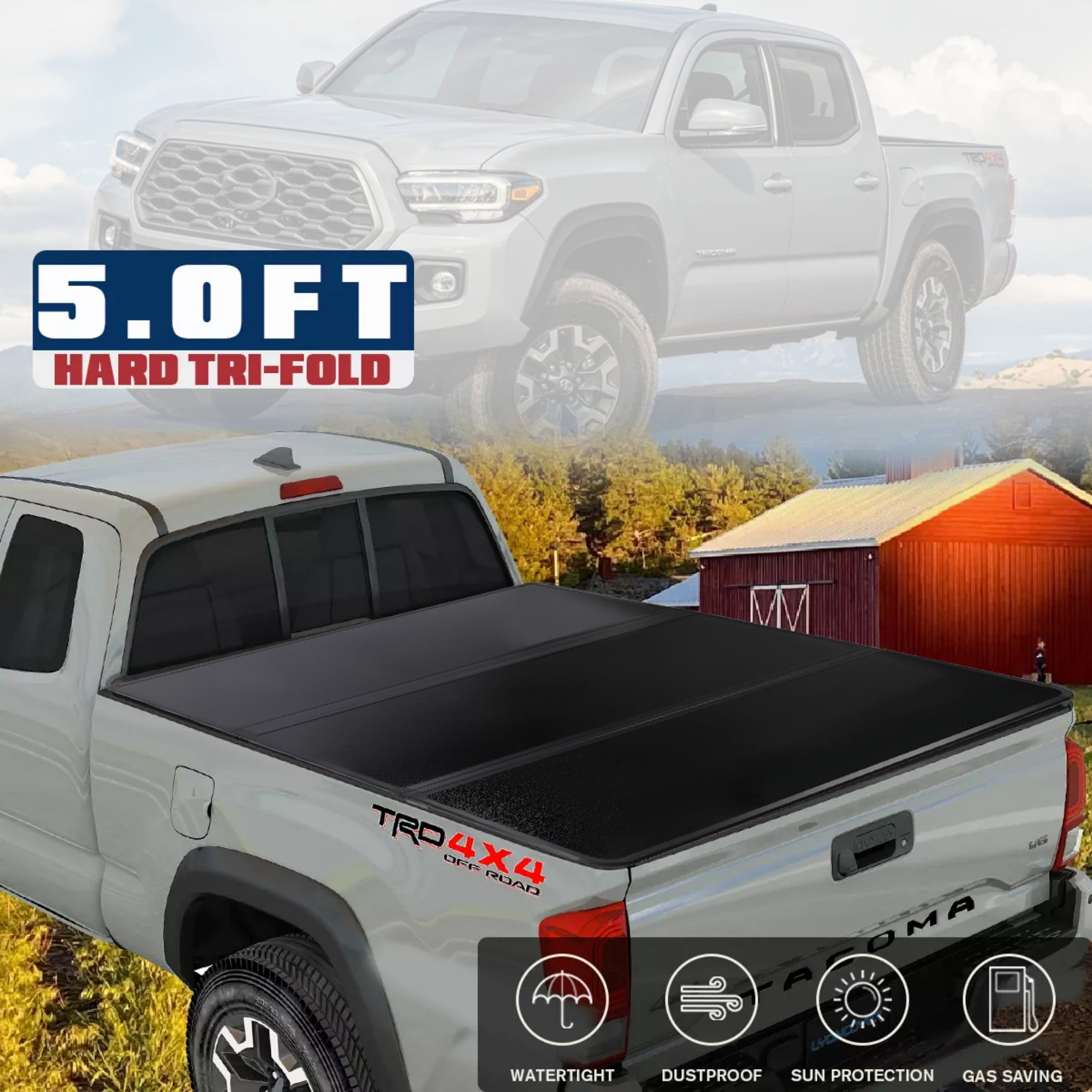 Ultimatecar 5FT Tri-Fold Soft Tonneau Cover For Toyota Tacoma 2016-2025 (w/ Lamp)