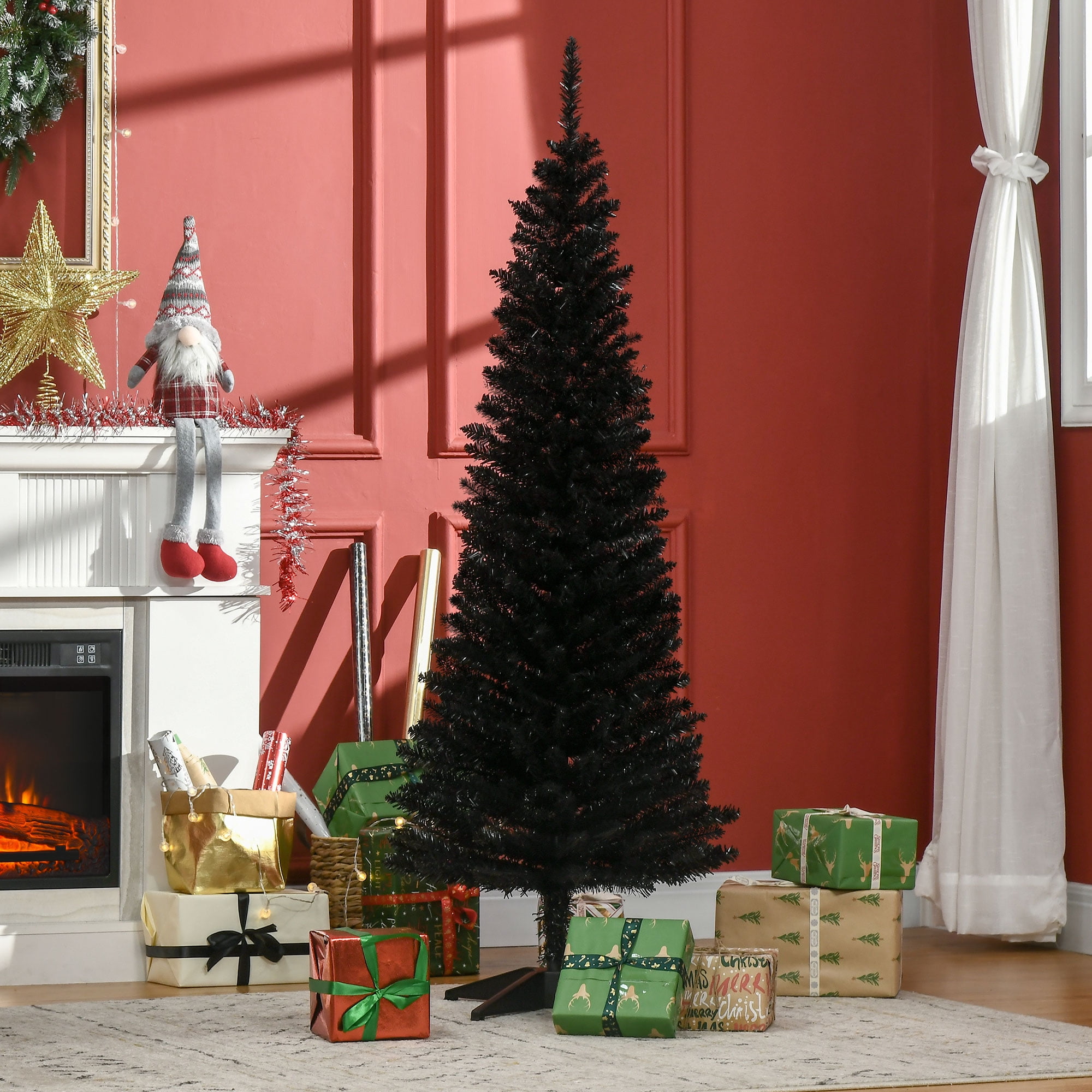 5FT Black Slim Pencil Artificial Christmas Tree, 294 Plastic Branch Tips, Detachable Sturdy Plastic Base, Easy Storage, Indoor Holiday Decor