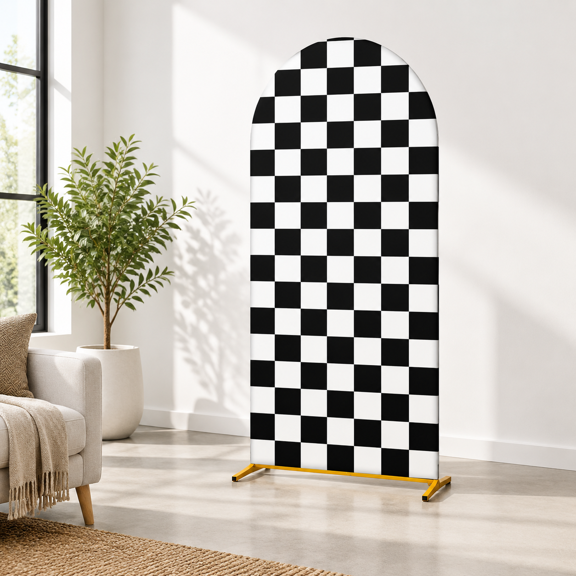 5FT Black & White Checkered Spandex Fitted Circle Arch Backdrop Cover for Car Racing Party Decorations