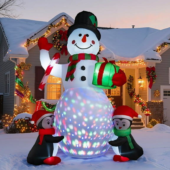 6ft Christmas Inflatables Snowman with Penguins Built-in Rotating Colorful LED Lights Christmas Inflatable Outdoor Decoration, Christmas Blow Ups for Yard Garden Lawn Xmas Holiday Decor