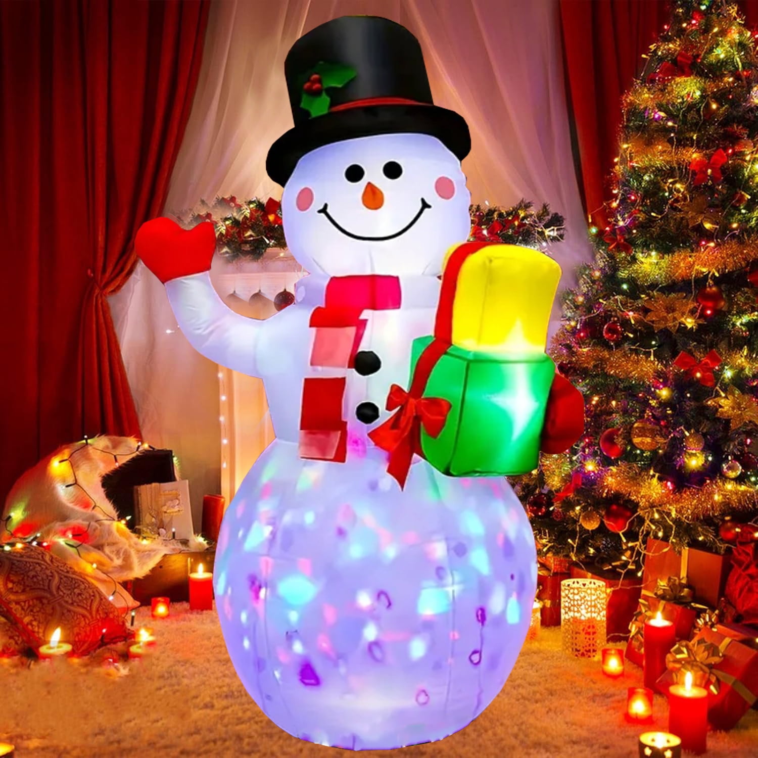 5FT Christmas Inflatables Snowman Decorations With 360Rotating Colorful Led Lights Outdoor Christmas Decorations Blow Up For Indoor Outdoor Yard Garden Decor