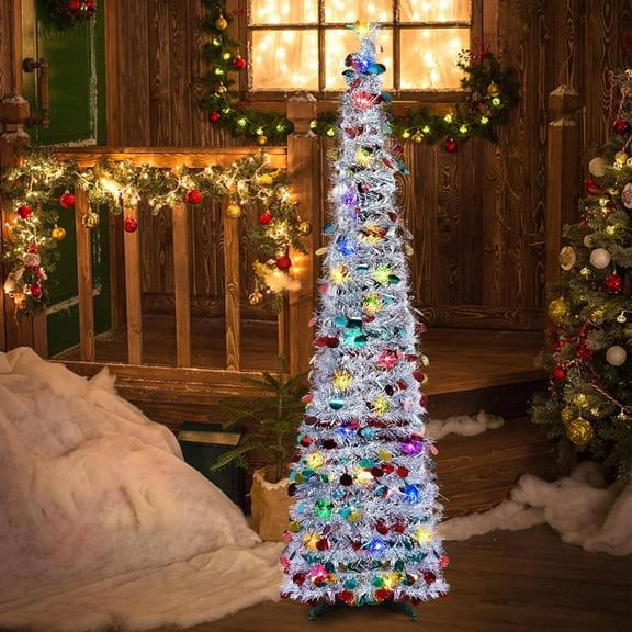 5FT Christmas Tinsel Artificial Tree, Battery Powered Christmas Collapsible Colorful Sequin Trees Decorations for Home Party Fireplace Indoor