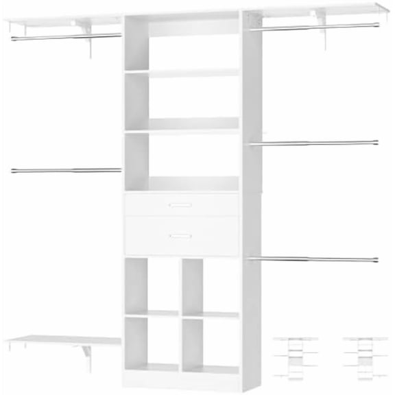 5FT Closet Organizer System with Wooden Drawers, 60 Inches Walk In Closet System with 5 Hanging Rods Can Fit 1.58 to 6.8 FT with Reversible Hanging Shelving, White$$Home Decor, Kitchen, & Other