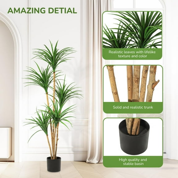 5FT Dracaena Trees Artificial Indoor Tall Faux Tree with Natural Wood Trunk and Moss, Tall Artificial Plants Artificial Silk Tree Faux Tree with Lifelike Yucca Leaves for Home Office Yard Patio Decor