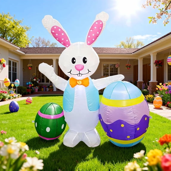 5FT Easter Inflatables Bunny with Egg LED Lights Quick Inflation Outdoor Yard Decoration Easter Decor Holiday Inflatable for Patio Garden Lawn