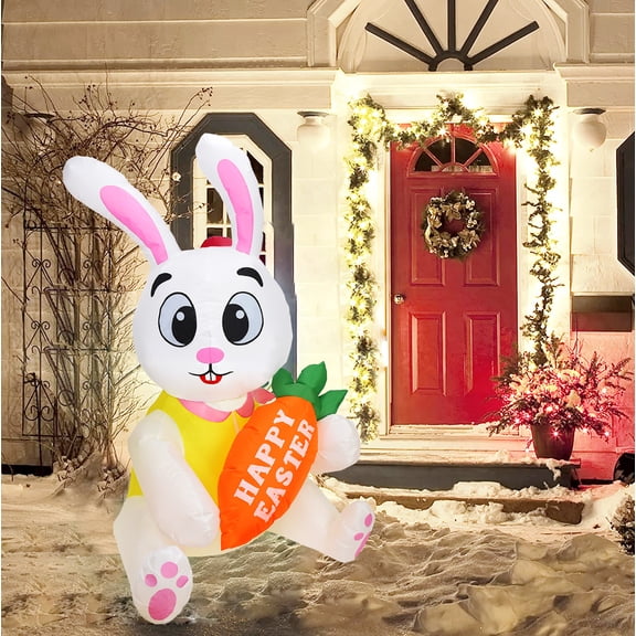 5FT Easter Inflatables Outdoor Decoration Inflatable White Bunny with Carrot, Built in LED Lights Blow Up Yard Decoration for Lawn Garden Holiday Party