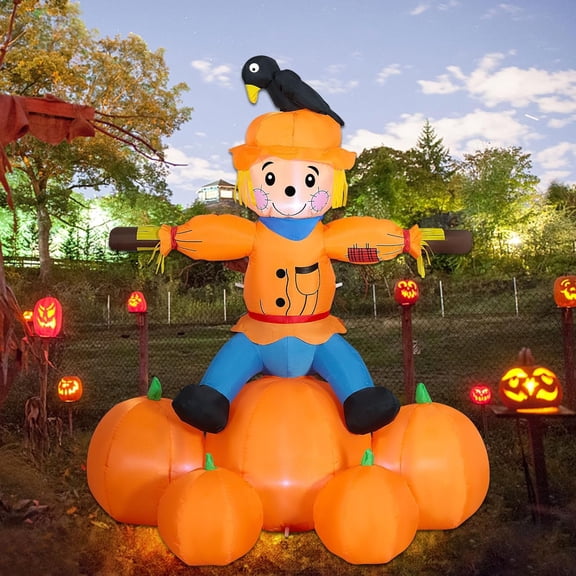 5FT Fall Day Inflatable Decoration, Lighted Air Blown | Scarecrow Sitting on Pumpkins with Crow Standing On, Built-in LED Lights, for Halloween Thanksgiving Harvest Decor