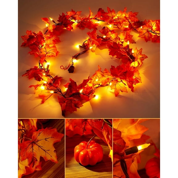 5FT Fall Garland with Lights, 2 Pack Battery Fall Lights 50 Bulbs Connectable Maple Leaves Lights with Pumpkin, Fall Decor Lights for Outdoor Indoor Halloween Thanksgiving Holidays