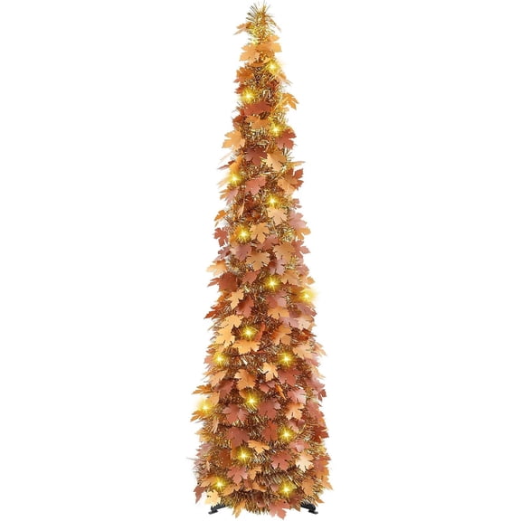 5FT Fall Pop Up Tree with 100 LED Lights and Timer, Brown Maple Leaf Tinsel Tree