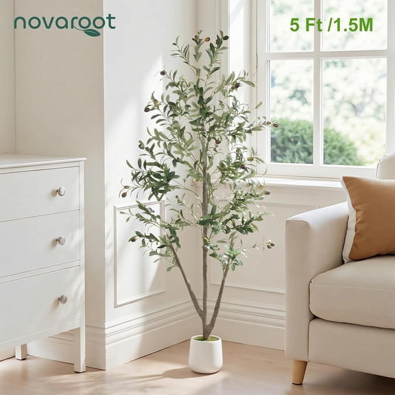 5FT Faux Olive Tree Indoor with Moss Planter and Fairy Lights, Realistic Artificial Plant for Home Office Living Room Decor