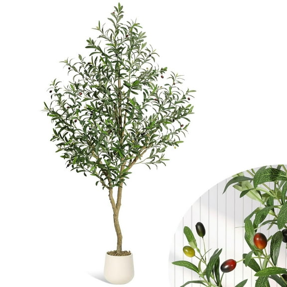5FT Faux Olive Tree Tall,Olive Trees Artificia Indoor with White Planter and Green Moss, Fake UV Resistant Artificial Tree,for Home Office Living Room Bedroom Stairs Foyer Decor