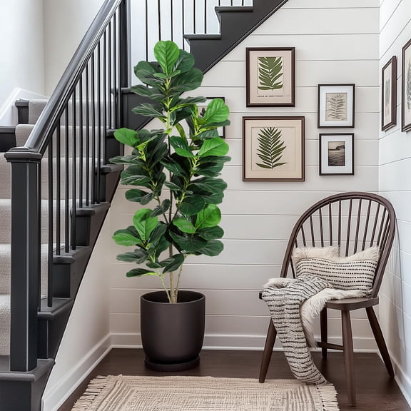 5FT Fiddle Leaf Fig Artificial Tree with Black Planter Pot,Faux Floor Plant, Indoor and Outdoor Fake Plants for Home Office Decor