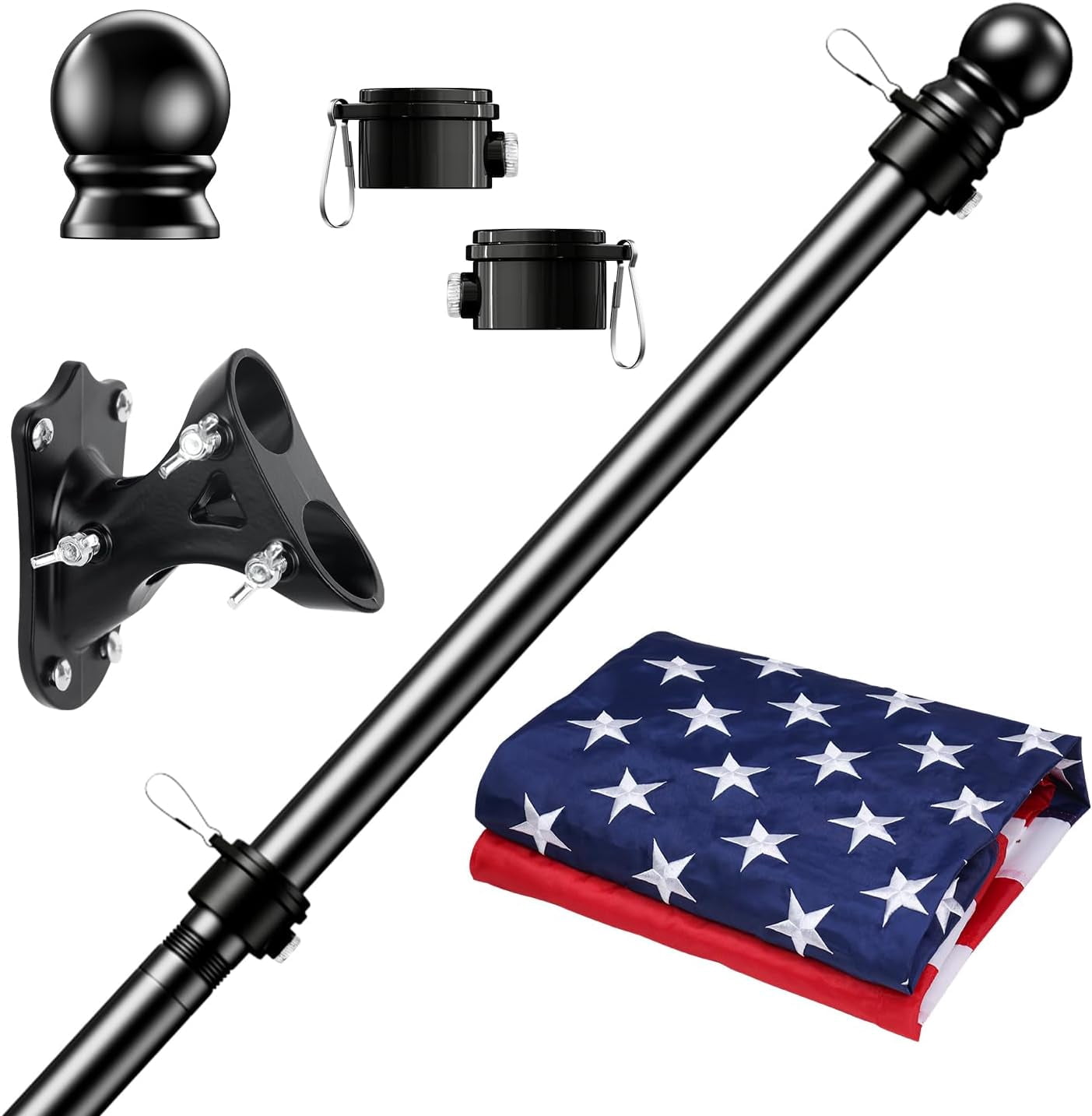 5FT Flag Pole Kit with 3x5 American Flag for House Outside, Stainless Steel Rustproof Flagpole Holder for 3x5 Sports Fan Outdoor Flags for Outside House (Black)