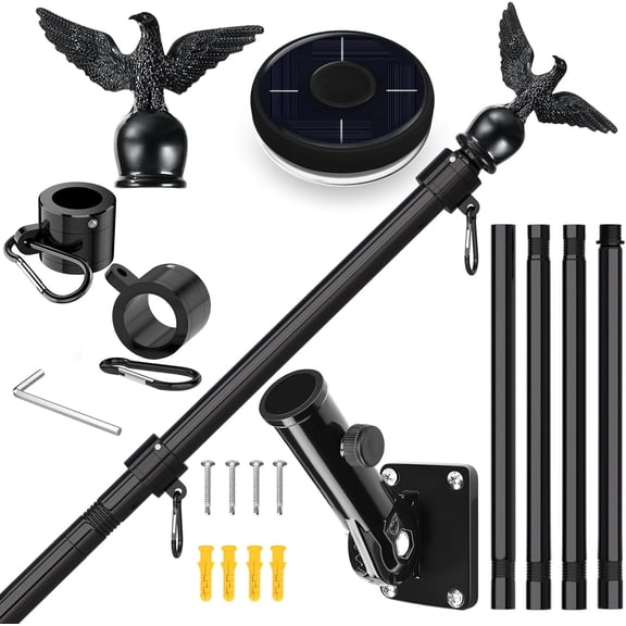 5FT Flag Pole Kit for House with Solar Light and Adjustable Bracket, 1" Thickened Stainless Steel Outside Wall Mount Flagpole for 3x5 American Flag, for Residential, Outdoor or Porch (Black)