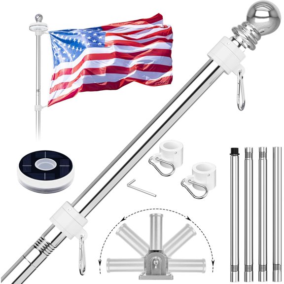 5FT Flag Pole for Outside House with Solar Light, Silver, (No Flag) | Tangle-free stainless steel flag pole kit with solar light, 180° adjustable bracket for outdoor house flag display