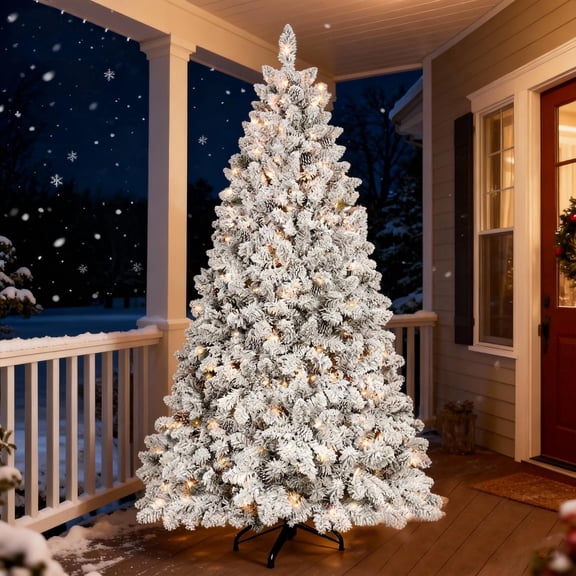 Bringstar 5ft Pre-Lit Snow Flocked Christmas Tree with Pine Cones and 300 Lights, Hinged Artificial Xmas Tree for Holiday Decoration