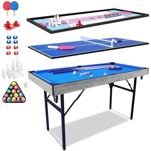 5FT Folding Multi Game Table for Kids Adult 54" Upgrade 5 in 1 Folding Sports Arcade Games with Accessories,Ping Pong,Pool Billiard,Shuffleboard,Bowling,Hockey Combo Game Set