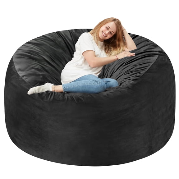 5FT Giant Dutch Velvet Bean Bag Chair Filled with Memory Foam, Comfy Oversized Lounge Sofa for Adults, Living Room Bedroom Furniture, Black