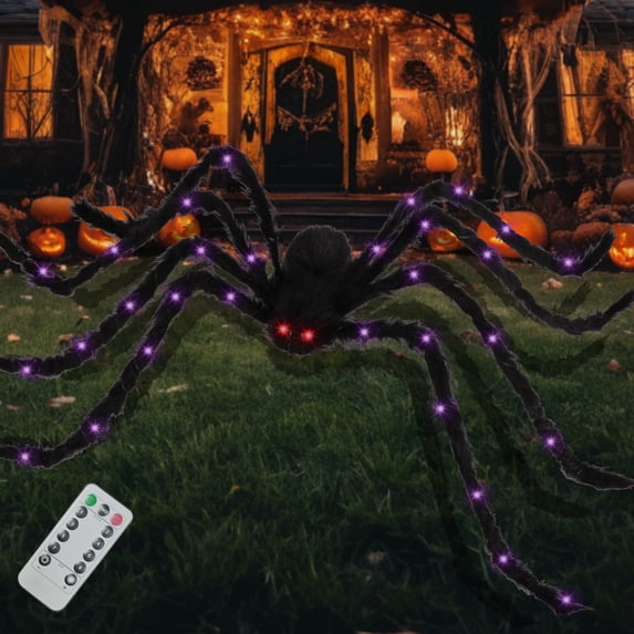 5FT Giant Spider Halloween Decorations with 56 LED Purple Lights, Large Black Realistic Spider with Timer & Remote Control, Light up Spider for Indoor Outdoor Yard Halloween Decorations