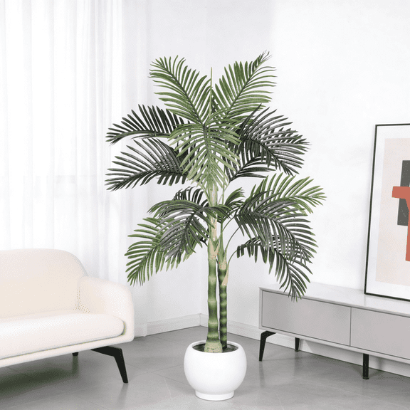 5FT Golden Cane Artificial Palm Tree Black Plastic Pot Tropical Fake Plant Indoor Outdoor Decor Faux Palm 1pc